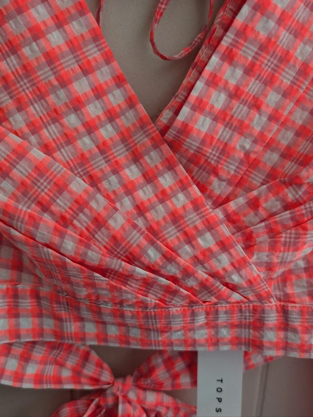 NWT Topshop Bright Pink Gingham Plaid Long Sleeve Crop Top - Picture 2 of 8